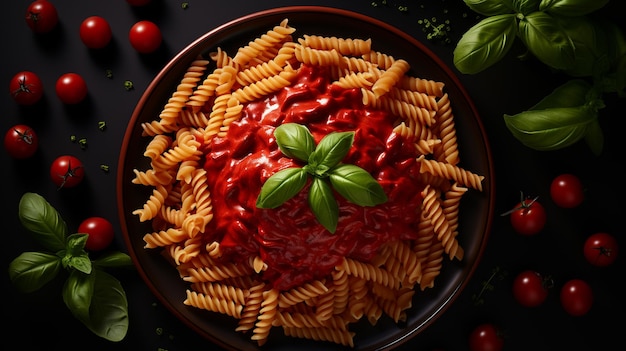 Plato de pasta fusilli con tomate y albahaca