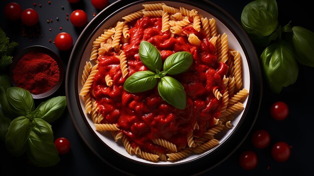 Plato de pasta fusilli con tomate y albahaca