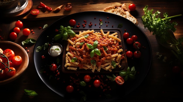 Plato de pasta fusilli con tomate y albahaca