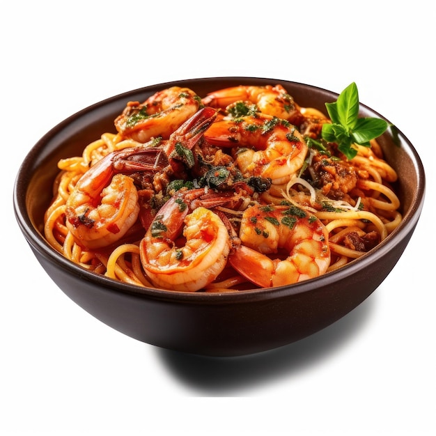 Un plato de pasta con gambas y albahaca