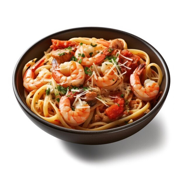 Un plato de pasta con gambas y perejil encima