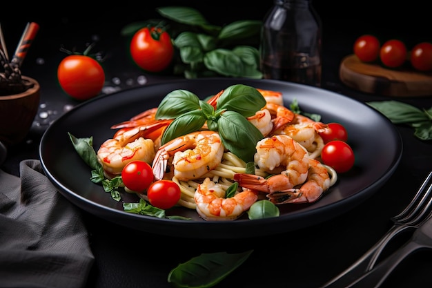 Plato de pasta con gambas tomates cherry y albahaca