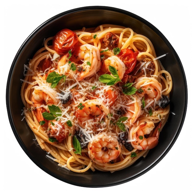 Un plato de pasta con gambas y tomates