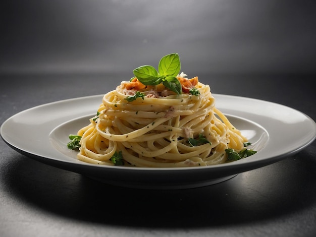 un plato de pasta con una hoja verde en la parte superior