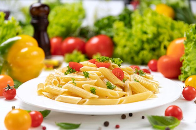 Foto plato de pasta italiana penne rigate con tomates y albahaca