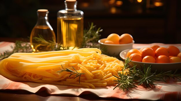 plato de pasta y naranjas en una mesa IA generativa