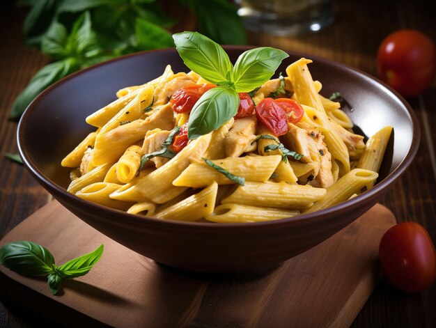 Un plato de pasta penne con albahaca y tomates