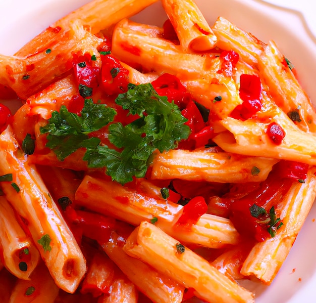 Un plato de pasta penne con pimiento rojo encima.