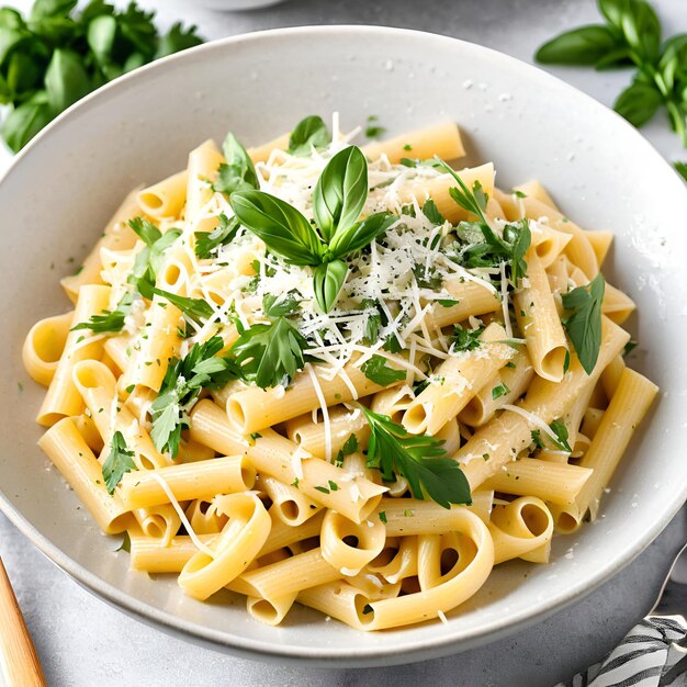 un plato de pasta con perejil en la parte superior