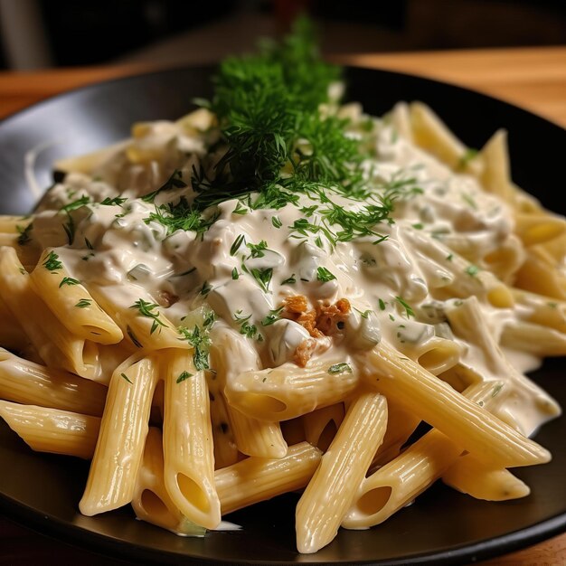 Un plato de pasta con perejil y perejil encima