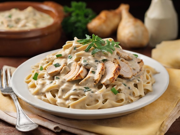 un plato de pasta con pollo y champiñones