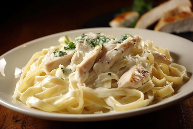 Un plato de pasta con pollo y perejil AI generativa