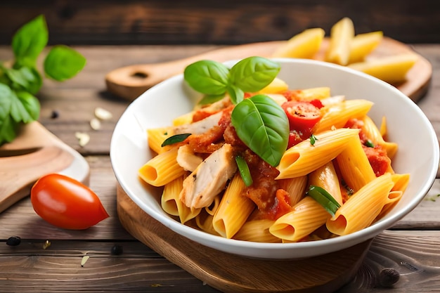 Un plato de pasta con pollo, tomate y albahaca sobre una mesa de madera.