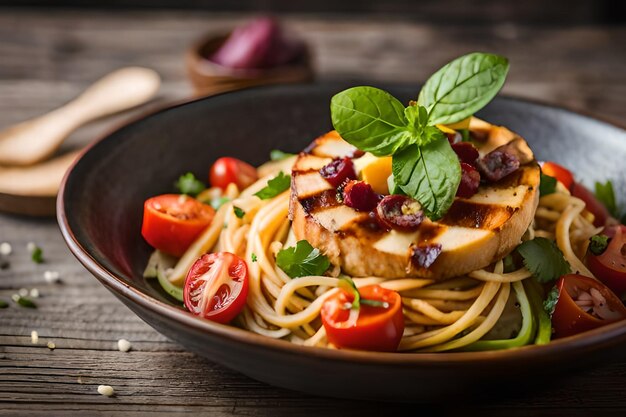 Un plato de pasta con pollo y tomates cherry