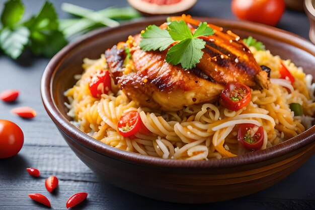 Un plato de pasta con pollo y verduras.