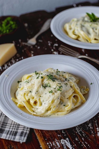 un plato de pasta con queso y perejil