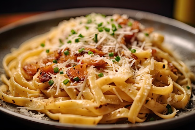 Un plato de pasta con queso y tocino