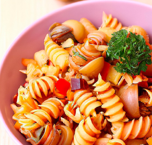 Un plato de pasta con una ramita de perejil encima.