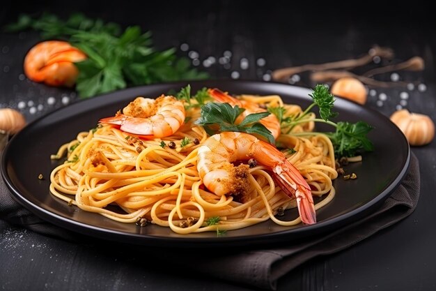 Plato de pasta recién cocinada con gambas y hierbas