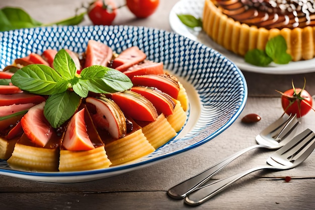 Un plato de pasta con una rodaja de tomate y un plato de salsa de tomate.