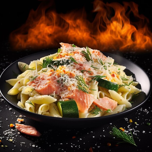 Un plato de pasta con salmón y calabacín con un fondo de fuego.