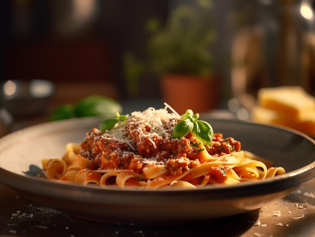 Plato de pasta con salsa de carne y queso parmesano