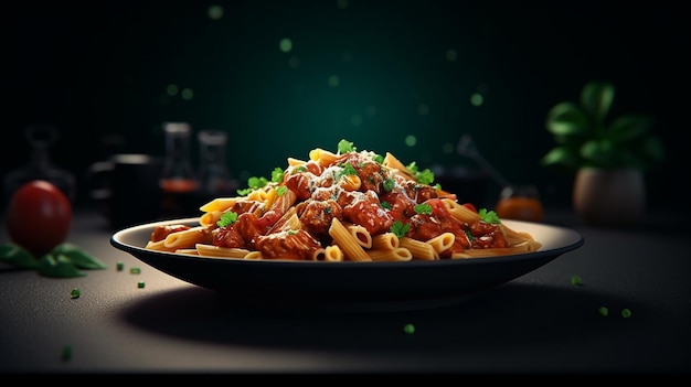 Un plato de pasta con salsa de carne y queso.