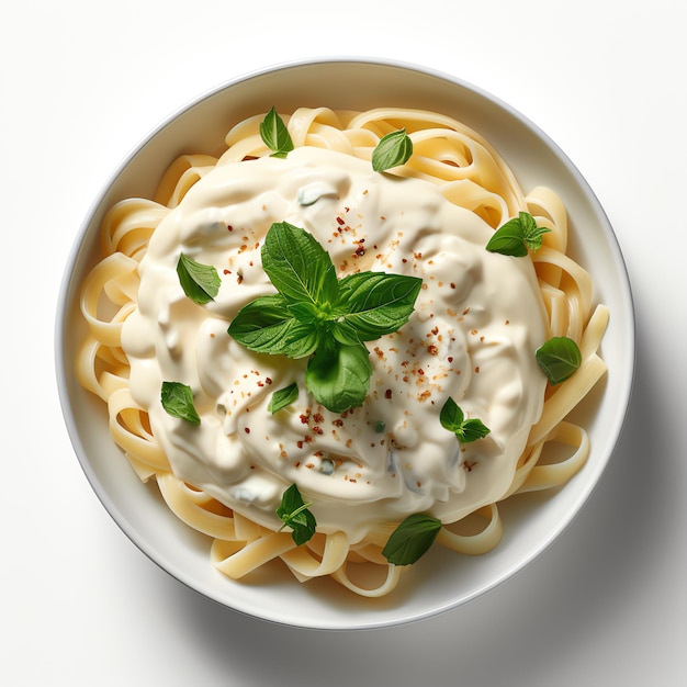 un plato de pasta con salsa de crema y hojas de albahaca