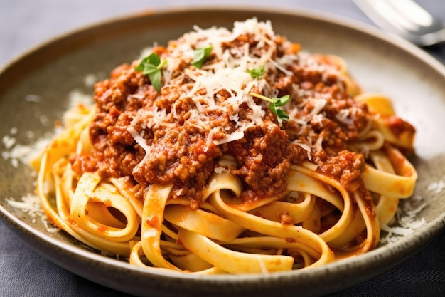 Un plato de pasta con salsa y queso