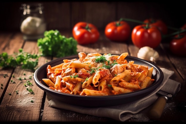 Un plato de pasta con salsa de tomate y ajo sobre una mesa de madera.