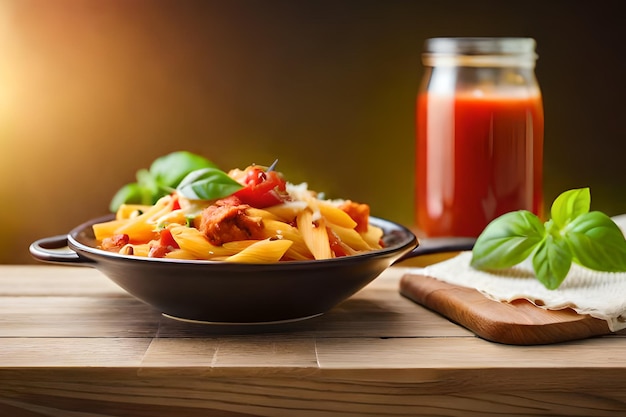 Un plato de pasta con salsa de tomate y albahaca sobre una mesa.