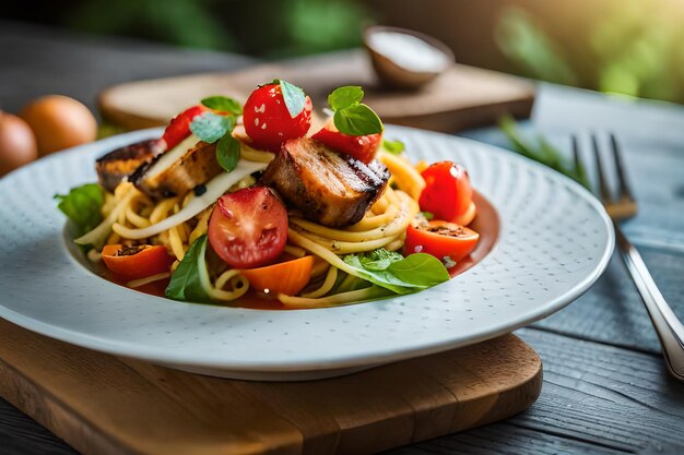 Un plato de pasta con salsa de tomate y albahaca