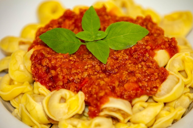 un plato de pasta con una salsa de tomate en él