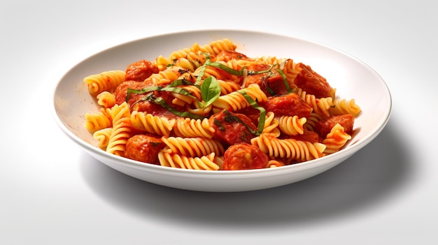 Un plato de pasta con salsa de tomate y hojas de albahaca.