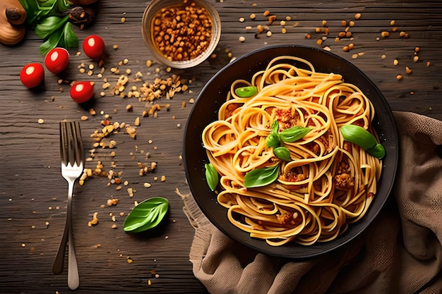 Un plato de pasta con un tenedor y una servilleta sobre una mesa con una servilleta y una servilleta.