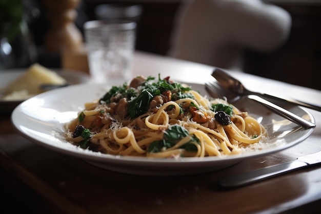 Un plato de pasta con un tenedor y un vaso sobre la mesa.