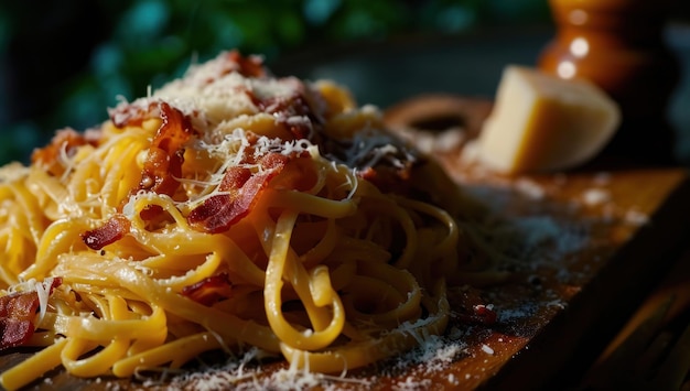 Un plato de pasta con tocino y queso.