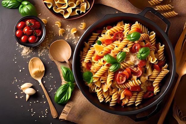 Un plato de pasta con tomate y albahaca sobre una mesa.