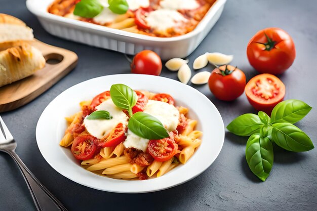 Un plato de pasta con tomate y albahaca sobre una mesa