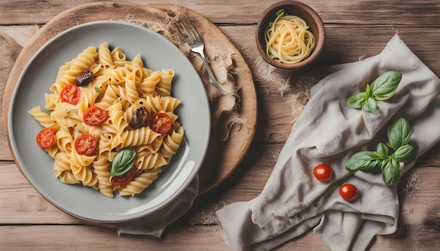 un plato de pasta con tomates y aceitunas