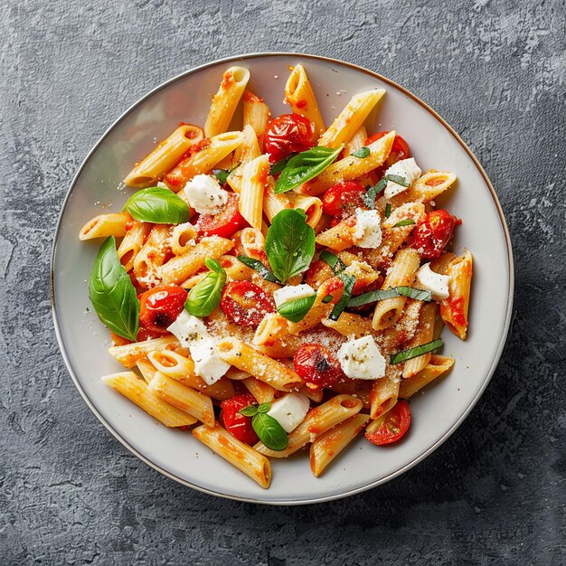 un plato de pasta con tomates albahaca y albahaca