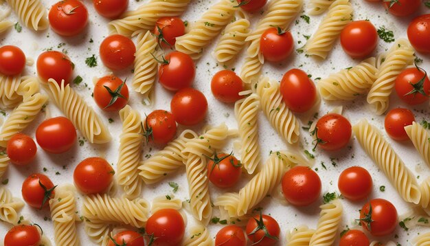 un plato de pasta con tomates y albahaca en él