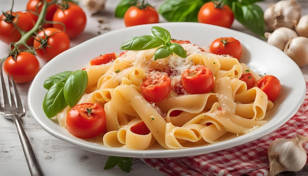 un plato de pasta con tomates y albahaca en él