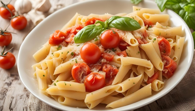 un plato de pasta con tomates y albahaca en él