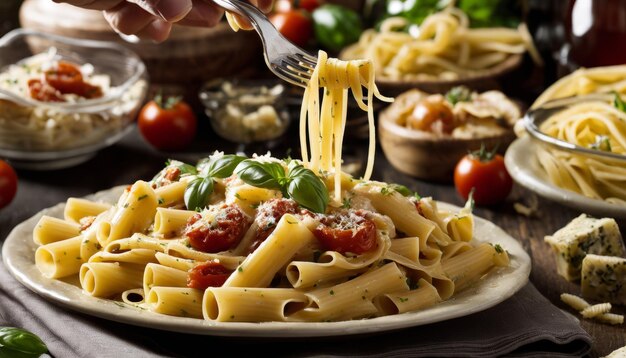 Un plato de pasta con tomates y albahaca