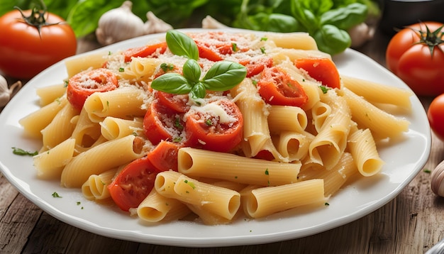 un plato de pasta con tomates y albahaca