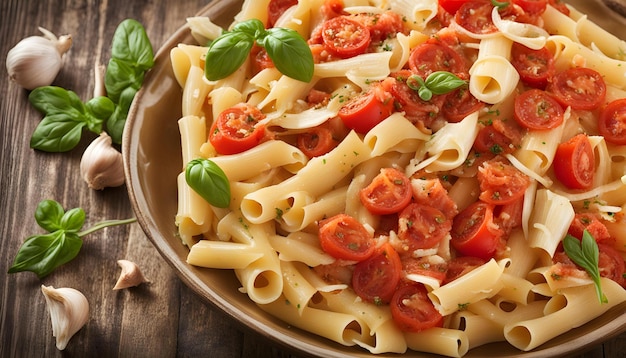 un plato de pasta con tomates y albahaca