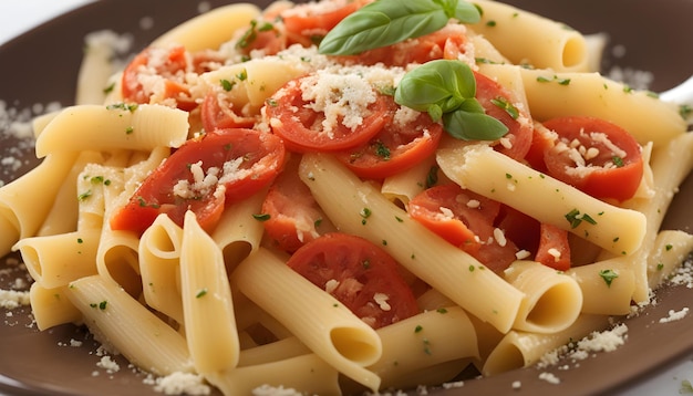 un plato de pasta con tomates y albahaca