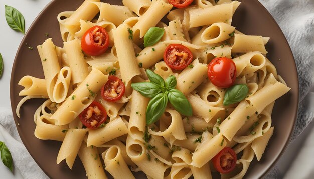 un plato de pasta con tomates y albahaca