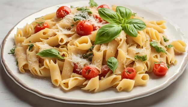 un plato de pasta con tomates y albahaca